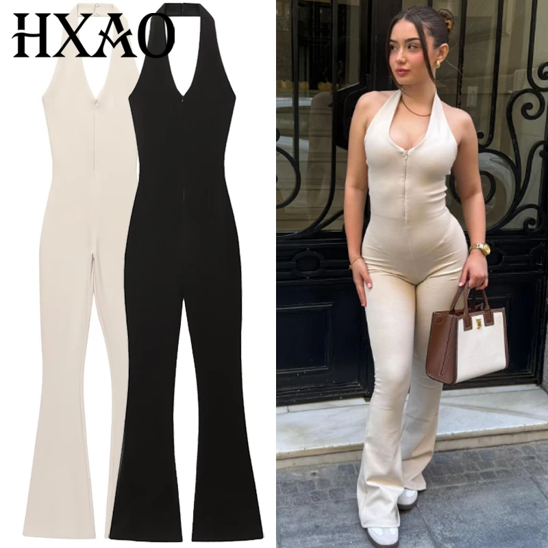 

HXAO Bodycon Jumpsuit Woman Sexy Full Length Black White Jumpsuit One Piece Backless Long Jumpsuit Sleeveless Halter Jumpsuits