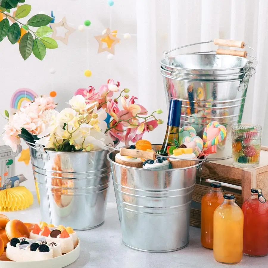 6 pçs grande balde de metal balde de cerveja balde de aço galvanizado com alça para presentes cesta festa de doces de gelo 9.5x8.67x6.5 Polegada, si