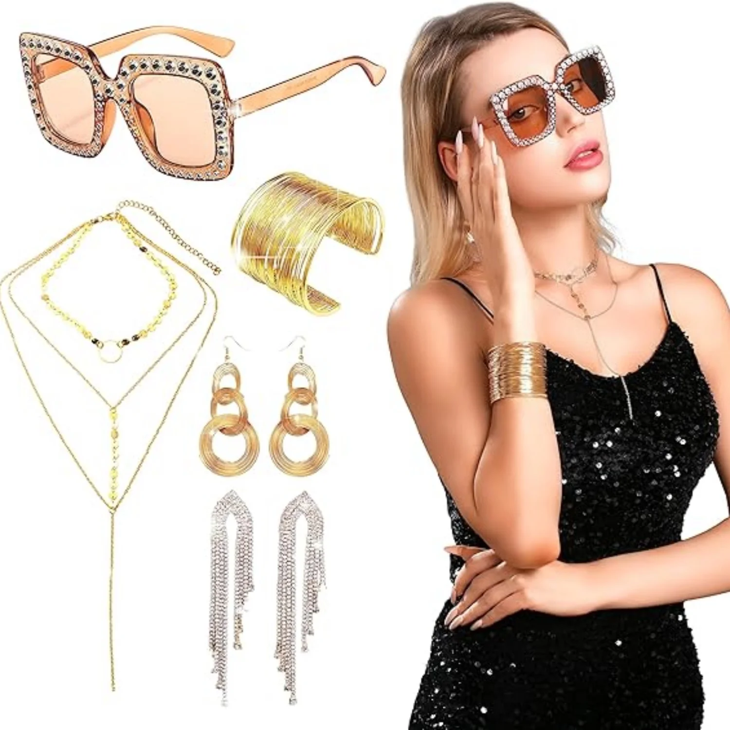 LaVenty Gold Disco Party Outfit 70s Disco Accessories Women Costume Disco Earrings Sequin Necklace Sunglasses Rhinestone