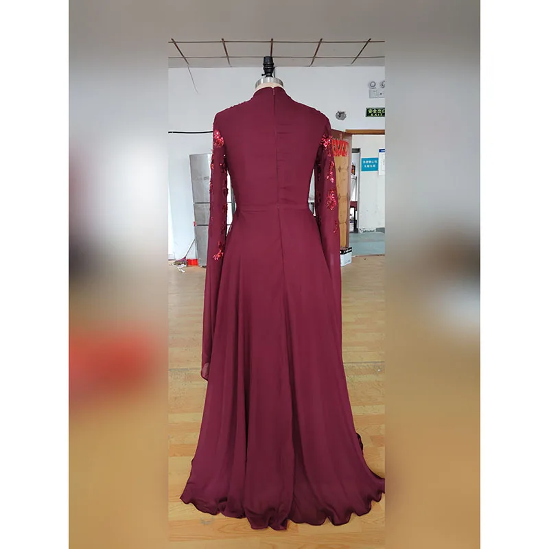 Vestido de noite Ruched Lantejoulas Chiffon, Elegante vestido de baile alto pescoço, Arábia Saudita Ocasiões Especiais Vestido