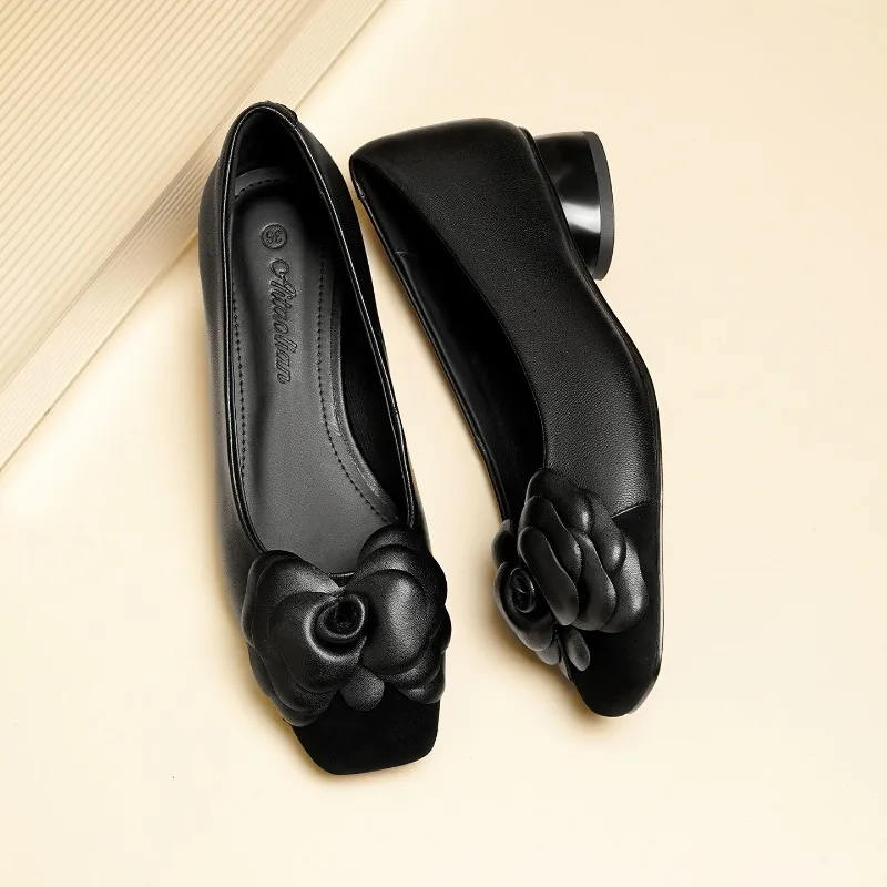 

Womens Soft Leather Shoes Fashion Flower Casual Shoes French Style Square Head Low Heels for Woman Designer Shoes Zapatos Mujer
