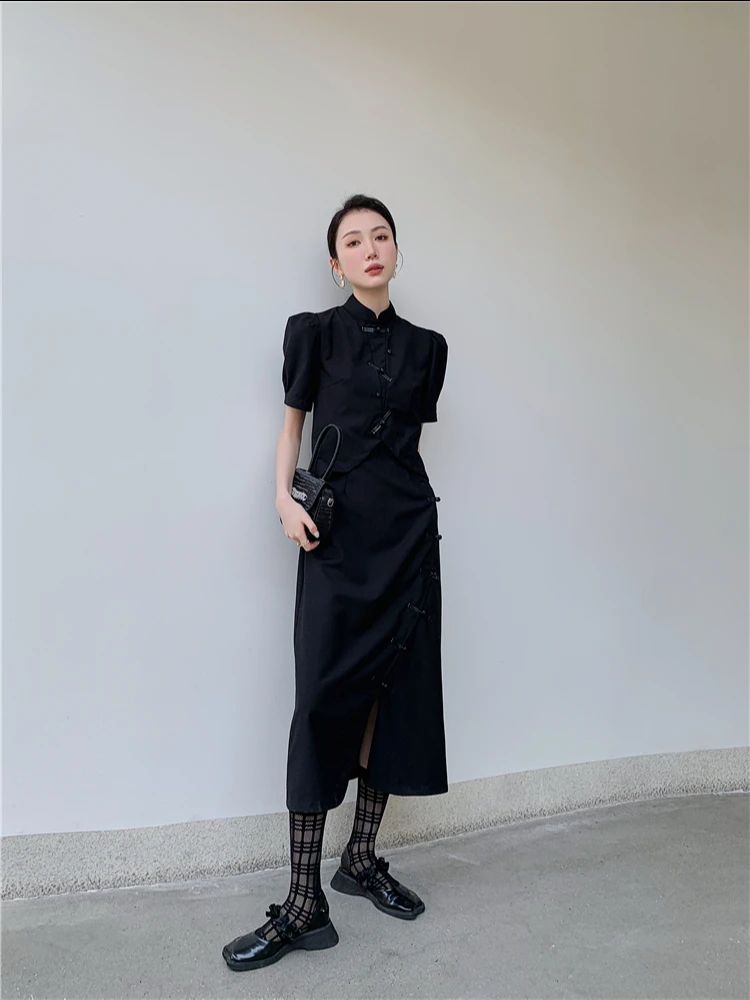 CHEERART Vintage Fake 2 Piece Puff Sleeve Long Cheongsam Dress For Women 2022 Short Sleeve A Line Ladies Midi Qipao Dress