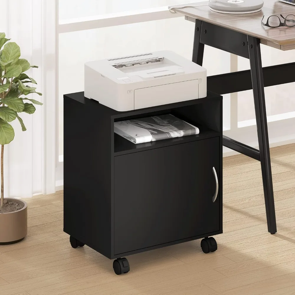 

Mobile Printer Stand with Adjustable Storage Shelves, Printer Cabinet with Door, Black Work Cart on Wheels for Home Office