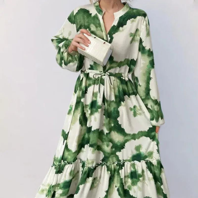 

Women Green Printed Maxi Dresses 2026 New Fashion Long Sleeve V Neck Waist High Waist A- Line Dresses Female Party Vestido