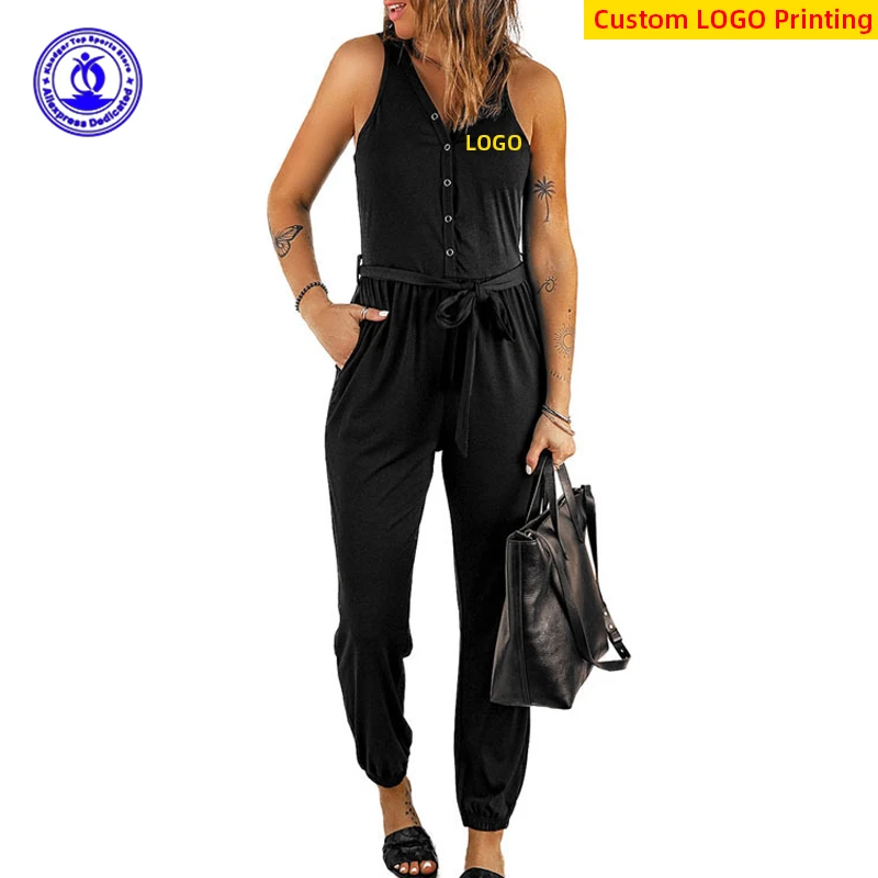 

Custom LOGO Rompers 2022 Sexy Soild Sleeveless Tops Jumpsuits Women Drawstring Button Playsuits Casual V-Neck Overall Bodysuit