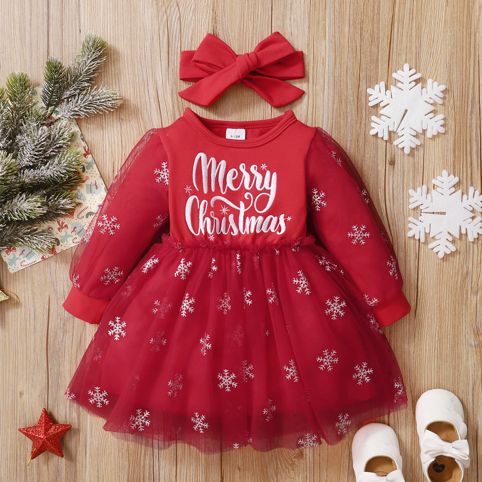 Princess Dresses for Girl Christmas Baby Girl Clothes Long Sleeves Mesh Dress+Headband 2PCS Festive Clothing for Infant 3-24M