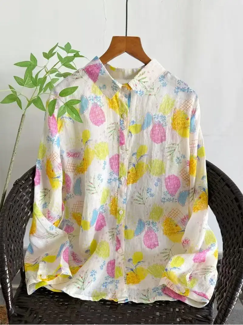 

100% рамиевая ткань, оригинальная одежда класса люкс, рубашки с японским мультяшным принтом, блузки с длинными рукавами для женщин, пляжные топы