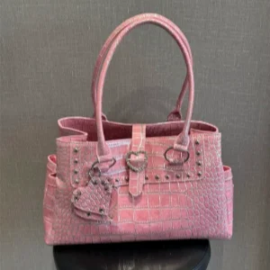 сумка Y2k Pink Crocodile Pattern Handbag,trendy Millennial Hot Girl Underarm Bag,heart Rivet Decor Casual Street Style Tote Bag