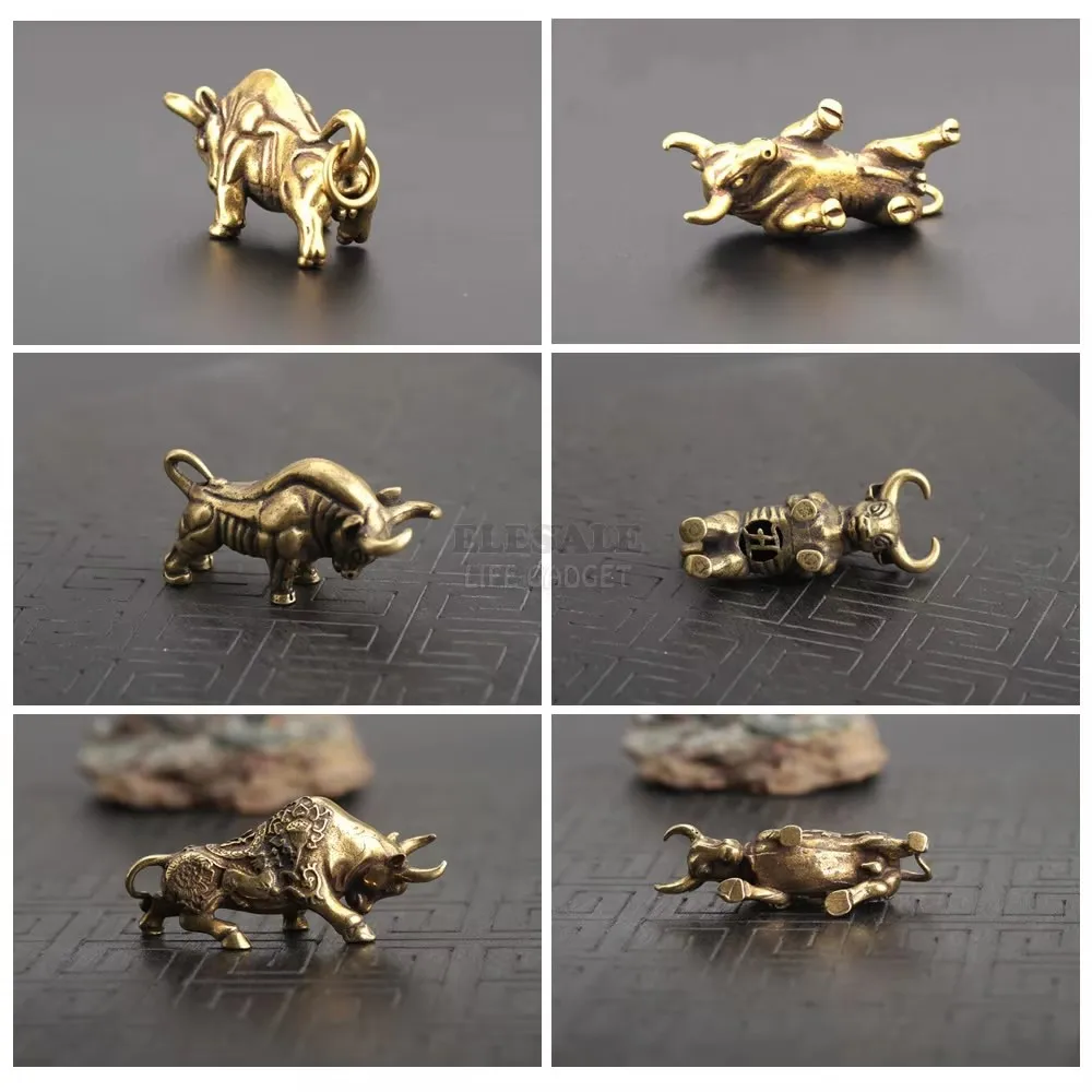 Mini Portable Vintage Brass Wall Street Bull Keychain Ornament Statue Home Office Desk Decoration Ornament Hand Toy Gift