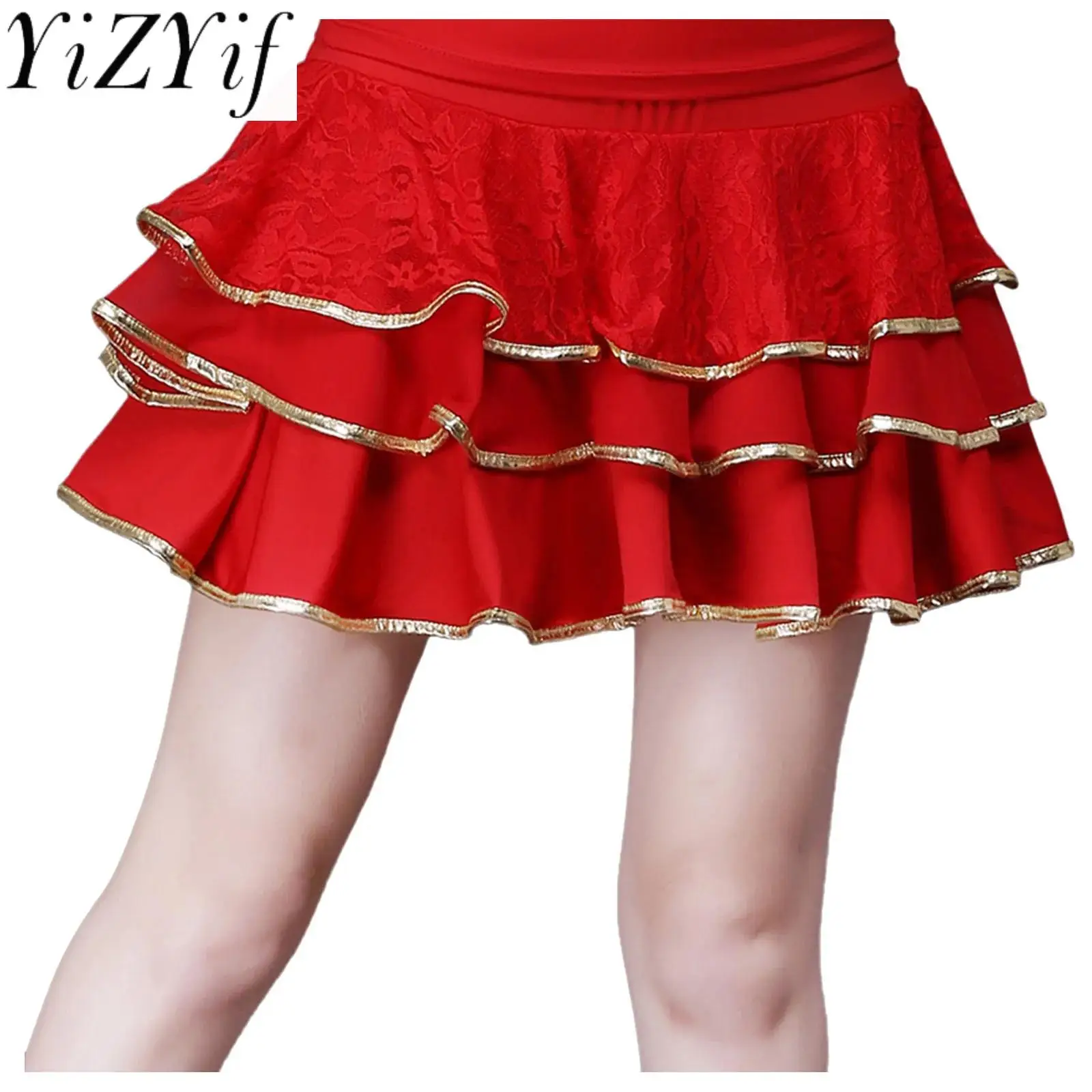 Women's Latin Tap Waltz Dance Lotus Skirt Tiered Ruffled Hem Swing Skirt Chacha Tango Modern Ballroom Dance Performance Costume