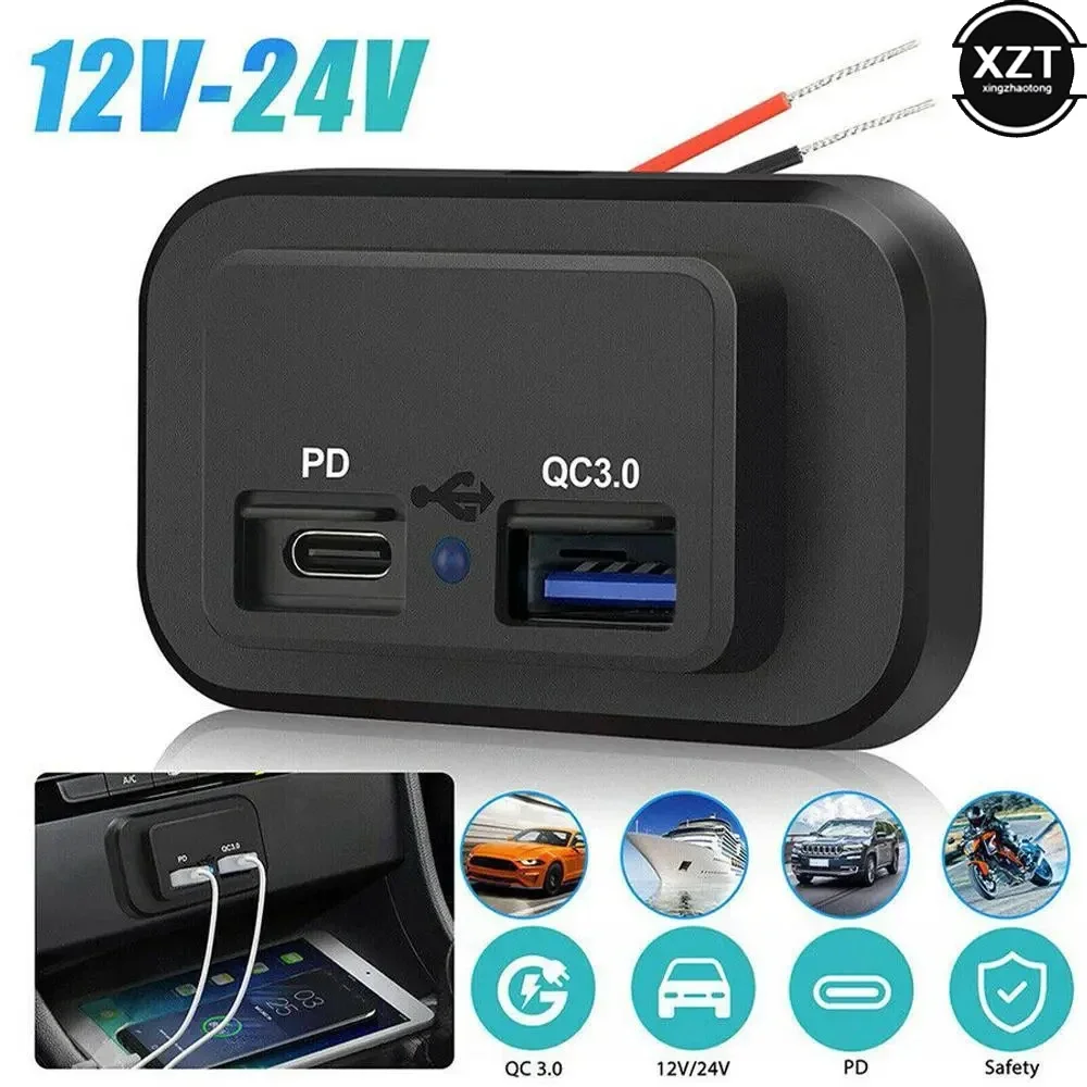 PD QC3.0 enchufe de cargador de coche carga rápida 12V/24V para motocicleta Auto camión ATV RV Bus adaptador de corriente USB Du