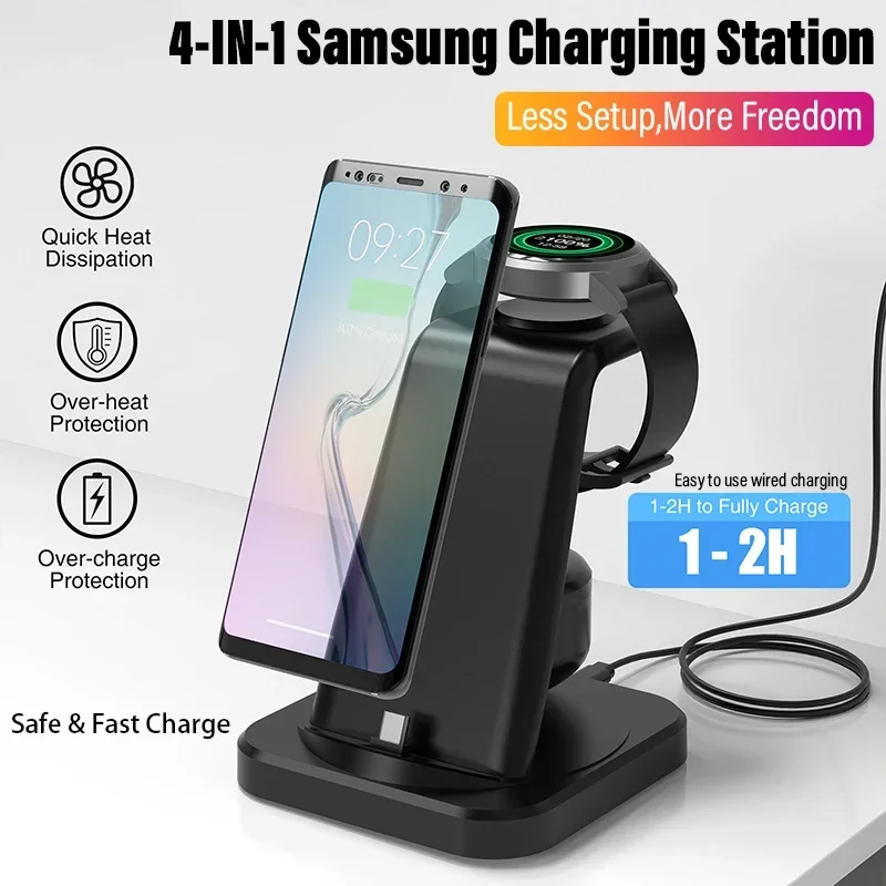 4 in 1 Fast Wireless Charger Wireless Charging Station for Samsung Galaxy Charger With Alarm Clock Watch 6 5 Pro S24 S23 S22 S21