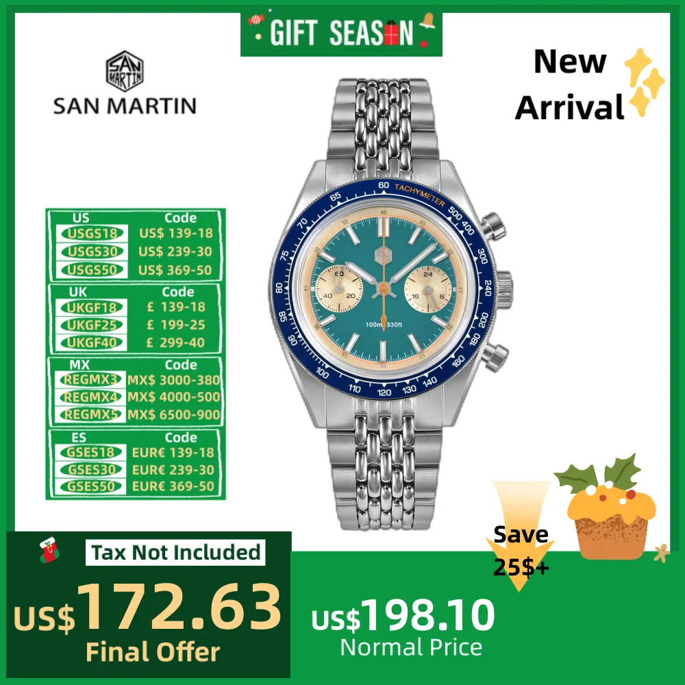 San Martin Chronograph Watch Men\'s Quartz Wristwatch VK64 39.5mm Original Sport Sweep Second Sapphire Waterproof 10Bar SN0116JS