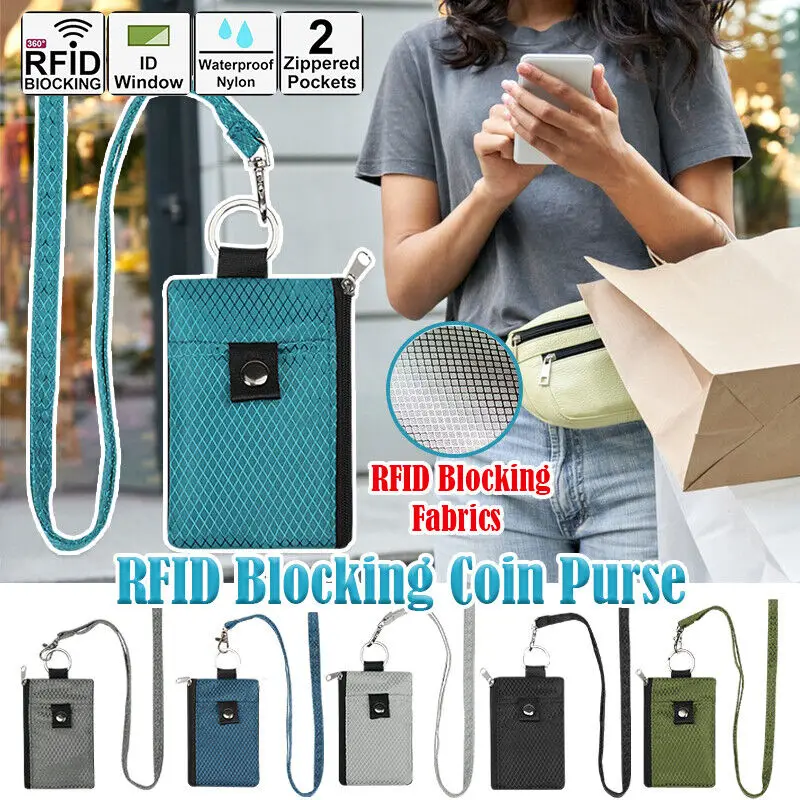 New 2024 RFID Blocking Small Wallet with ID Window Waterproof Zipper Case Pouch with Lanyard Keychain for Cards Cash Coin Purse