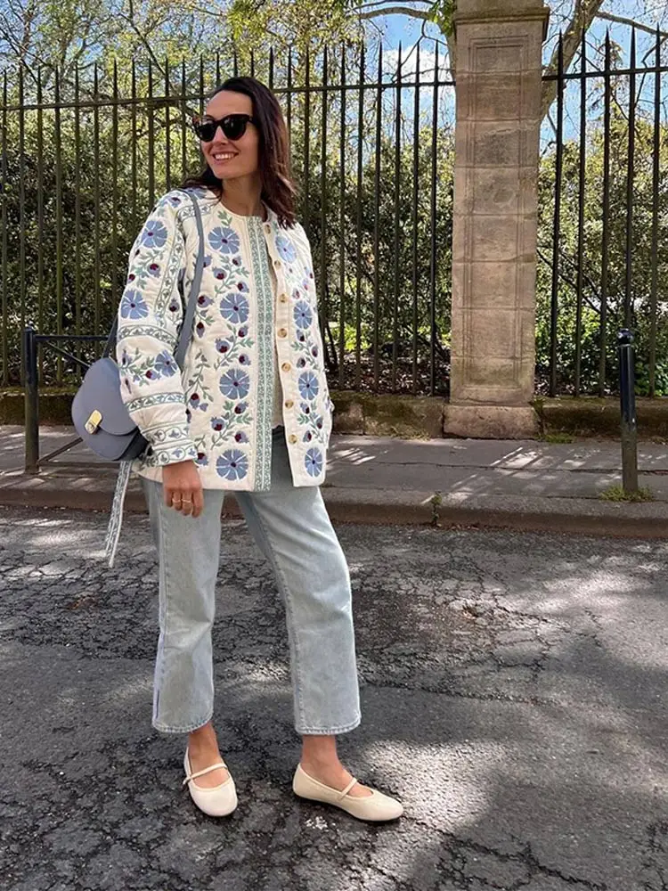 Abrigo de algodón con estampado Floral y cinturón para mujer, chaqueta de manga larga con cuello redondo, botonadura única, ropa de calle cálida e