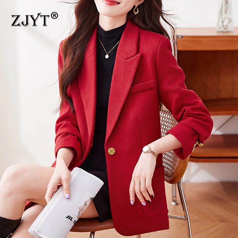 

ZJYT Korean Fashion Women's Blazers Autumn Winter Jackets Coats Feminino Elegant One Button Plus Size Outerwears Veste Femme