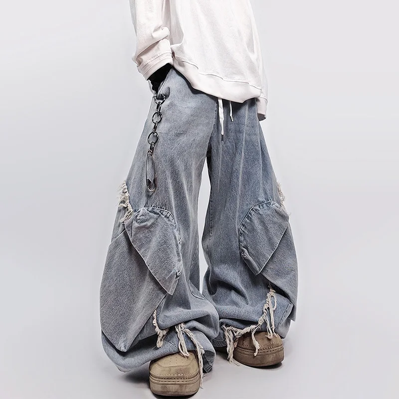 LUZHEN 2025 New Original Multi Pockets Hip-Hop Baggy Wide Leg Cargo Jeans Men's Fashion Elastic Waist Vintage Denim Pants JY5280