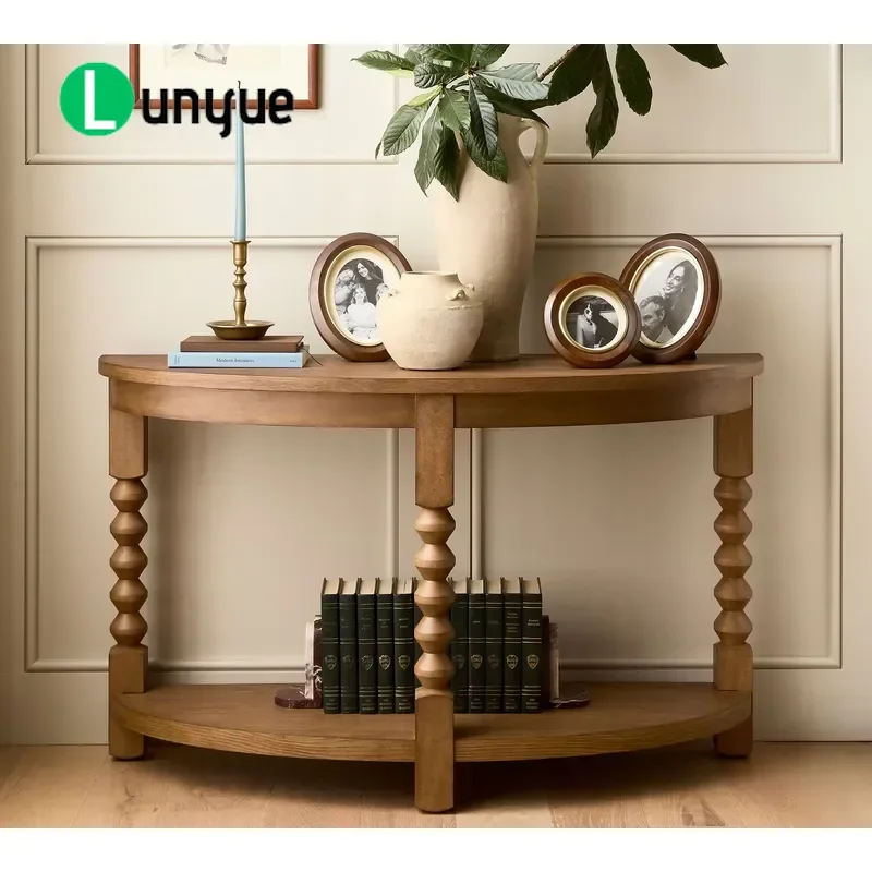 Modern Wooden Porch Table with Fixed Storage Racks for Living Room Entryway Hallway Sturdy Space Saving Home Furniture Decor