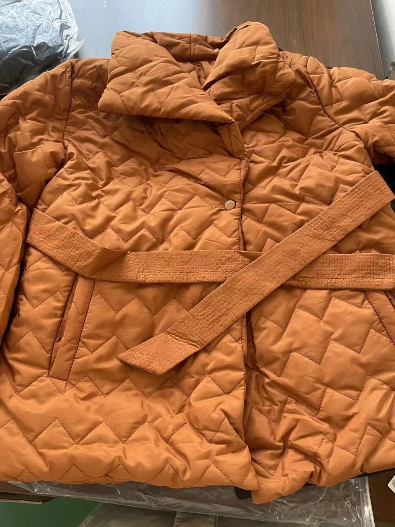 Winter Temperament Water Ripple Quilted Lightweight Down Cotton Jacket Lapel Waist Cinched Mid Length Elegant Cotton Coat