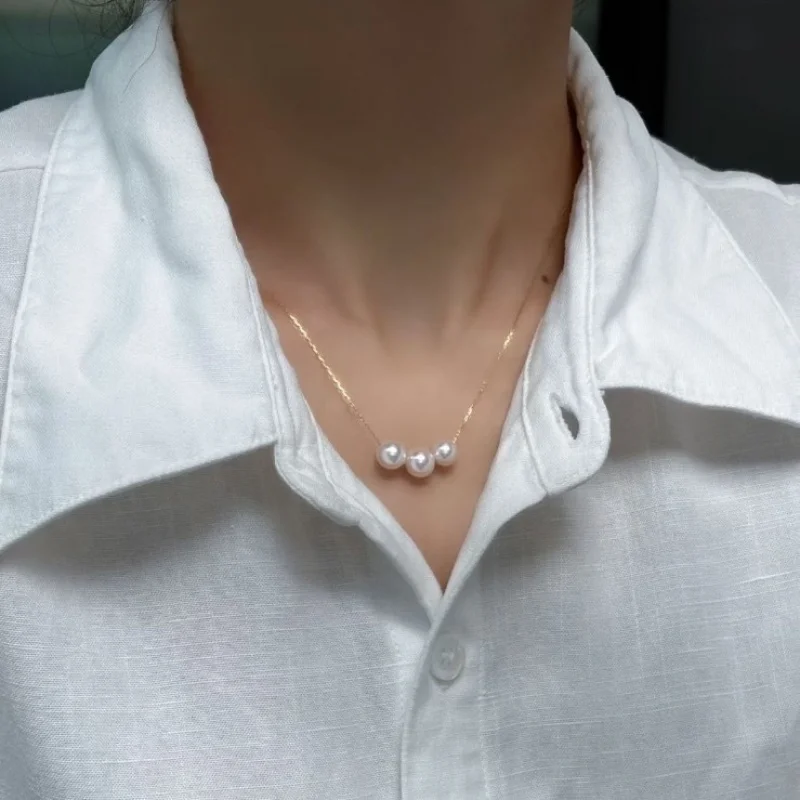 Natural freshwater pearl necklace with three pearls, smooth pendant, smile chain, suitable everyday wear