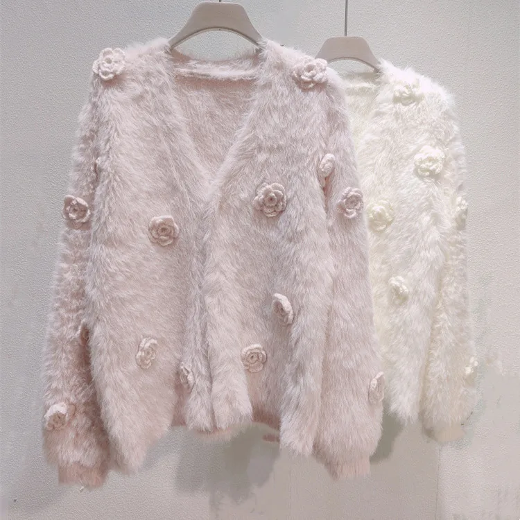 Autumn Winter Womens Imitation Mink Flower Knitted Cardigan Loose Sweater Coat