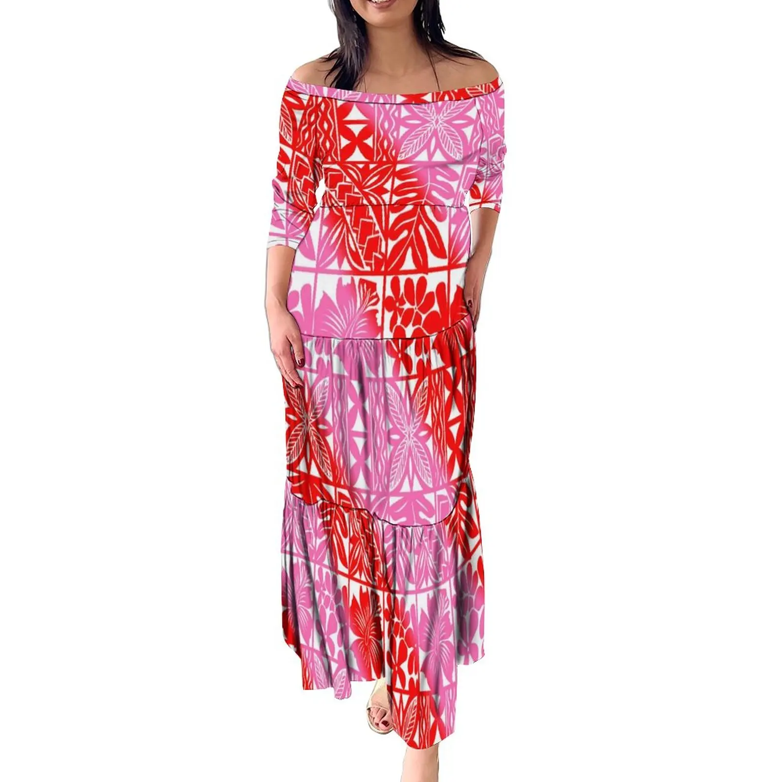 2022 New Arrival Ruffle Multi Tiered Maxi Dresses One Shoulder Hawaiian Island Dress Polynesian Fabrics American Clothing 8XL