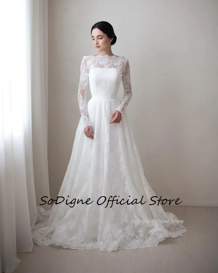 SoDigne A-line Elegant Wedding Dresses O-neck Long Sleeves Lace Bridal Dress Long Back Button Wedding Gown Robe De Mairee ﻿