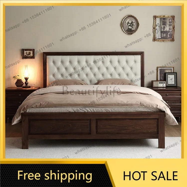 Factory Direct Sales American Solid Wood North American Black Walnut Vintage Large Backrest Bed Soft Bag