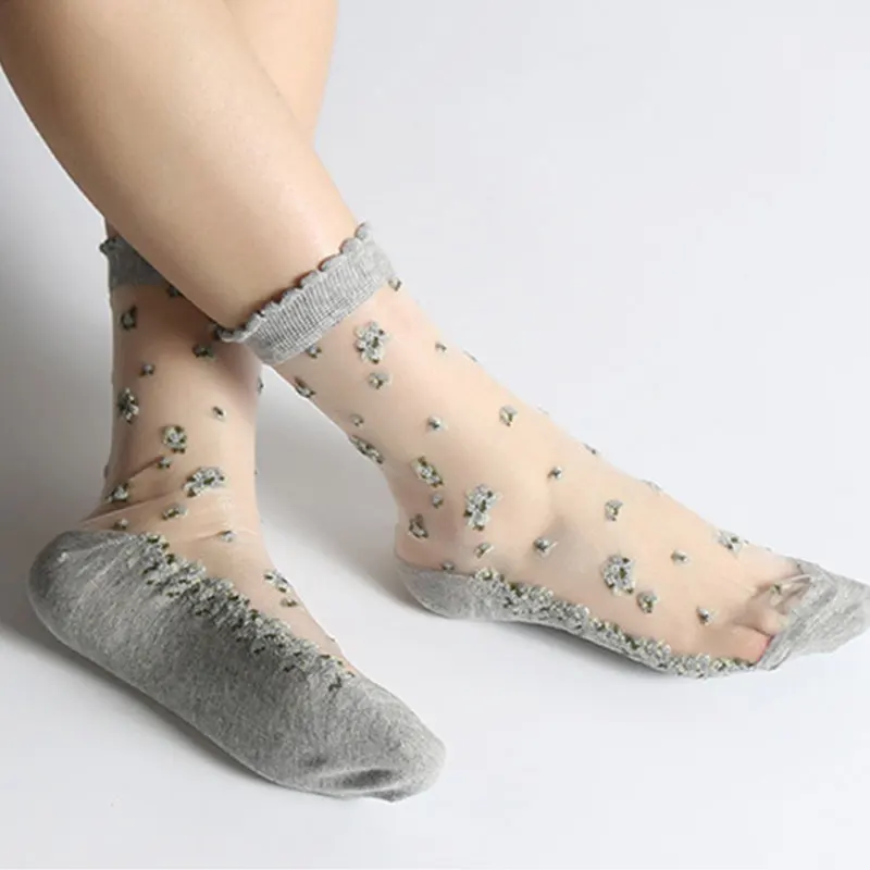 Cute Flower Pattern Summer Women Socks Transparent Lace Soft Short Socks For Ladies New Fashion Breathable Mid-tube Socks