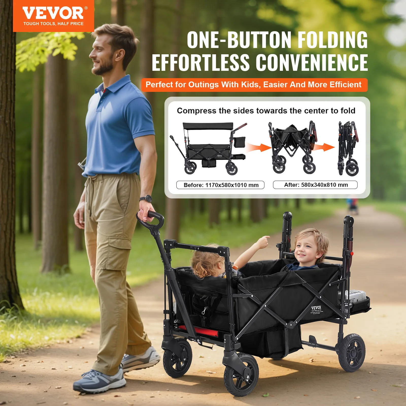 VEVOR Wagon Stroller for 2 Kids Push Pull Quad Collapsible Stroller with Adjustable Handle Encircling Harness Removable Canopy