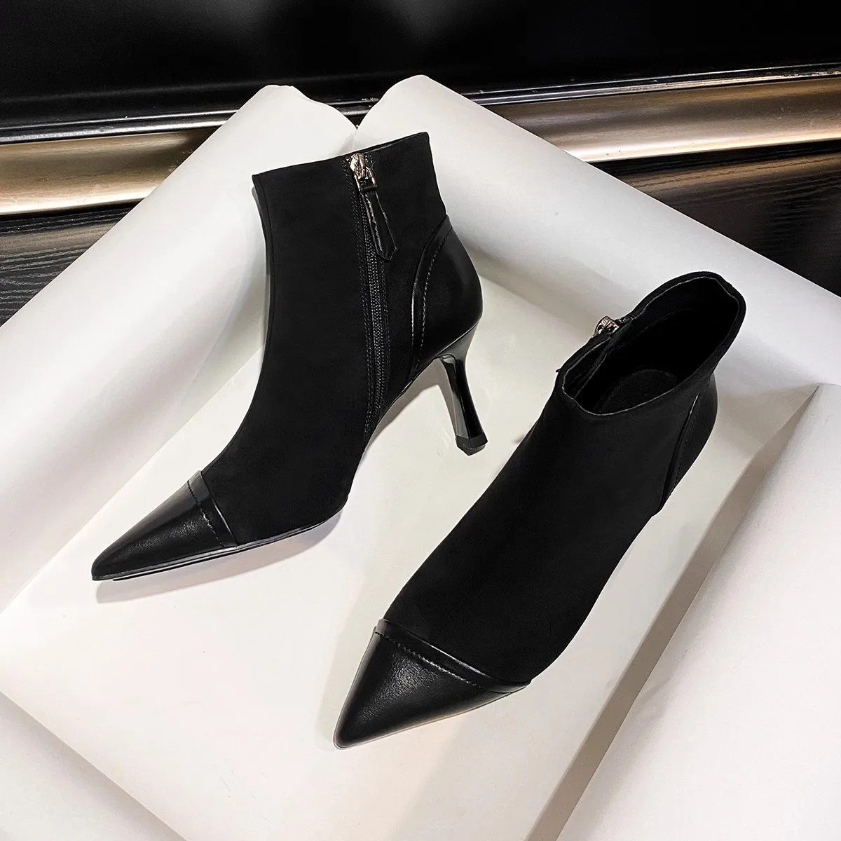 

Spring Autumn Fashion Short Boots High Quality Women Mid-Calf Boots Thin Heel Pointed Toe High Heels Wedding Party Banquet Pumps