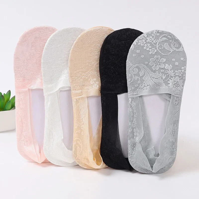 1/5Pairs Fashion Women Girls Summer Socks Style Lace Flower Short Sock Silicone Non-Slip Invisible Breathable Boat Ankle Socks