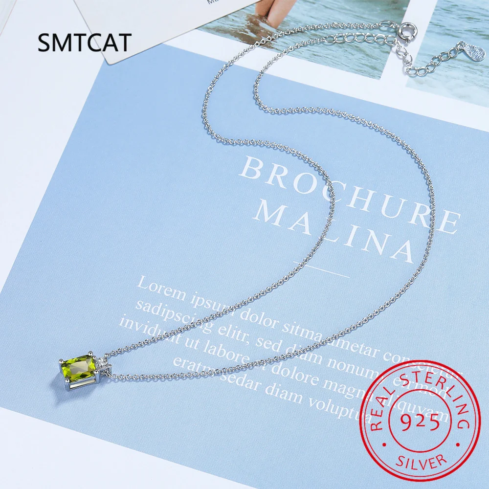 Emerald Cut Natural Green Peridot 925 Sterling Silver Pendant Necklace for Women Fashion Statement Rectangle Gemstone Jewelry
