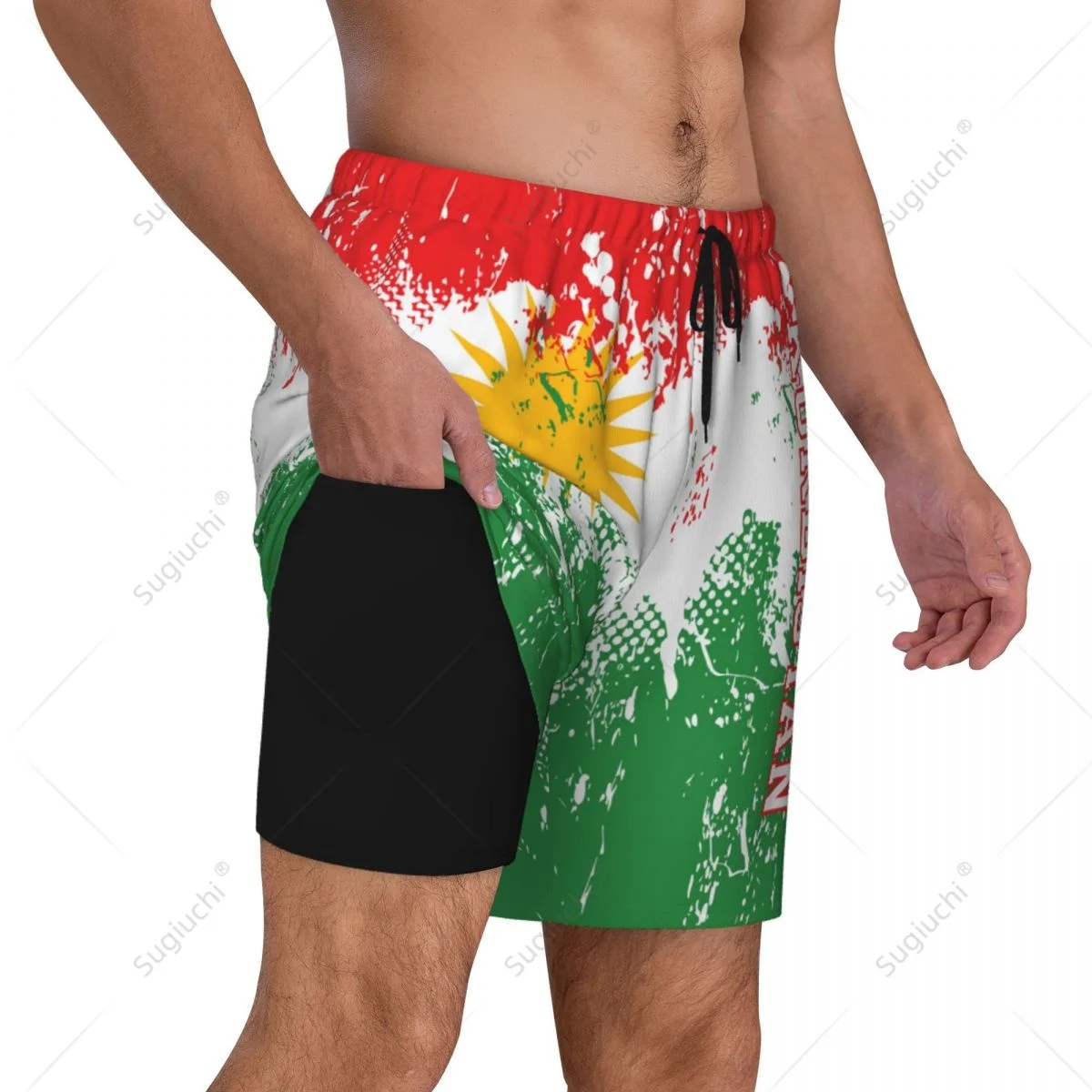 Kurdistan Flag Flag 3D Mens Swimming Beach Surfing Pants Swim Shorts Trunks Compression Liner 2 in 1 Quick-Dry