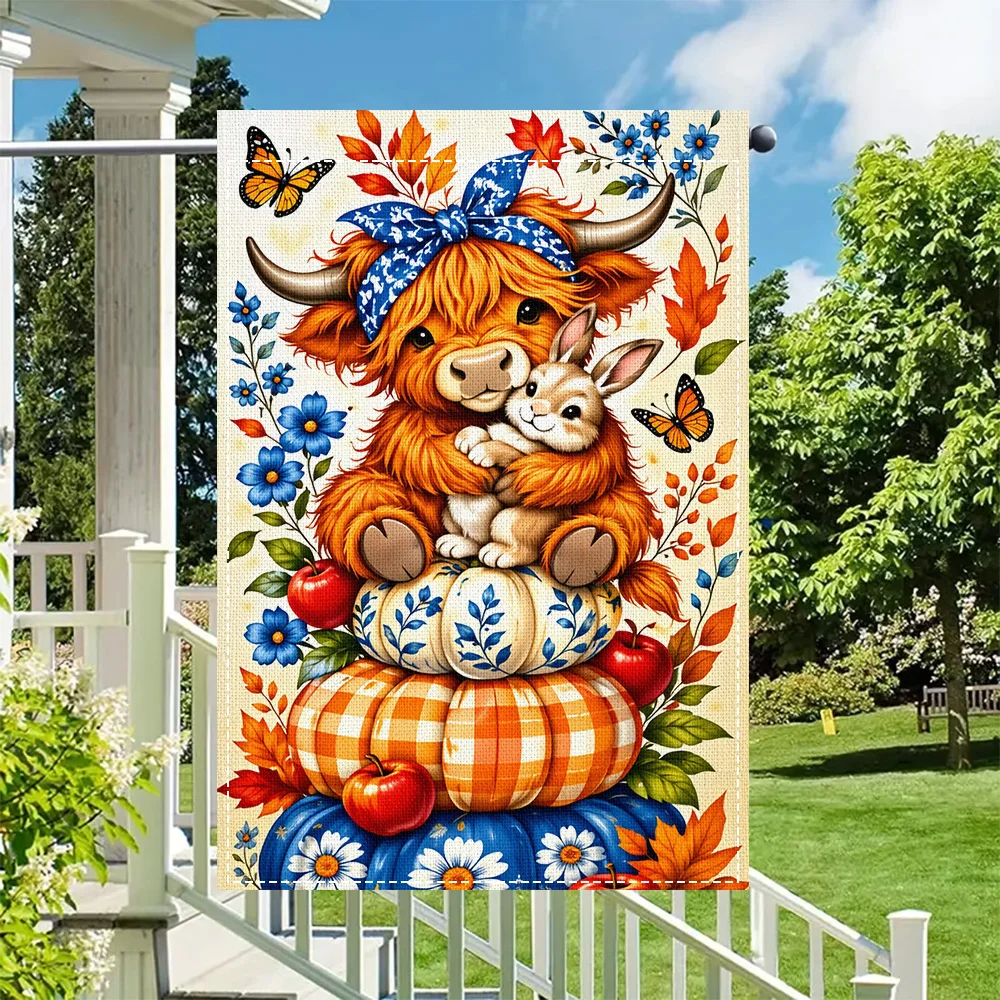 1PC Highland Cow and Bunny Fall Garden Flag, 2-sided print, great for patio and outdoor seasonal decor (pole not included)
