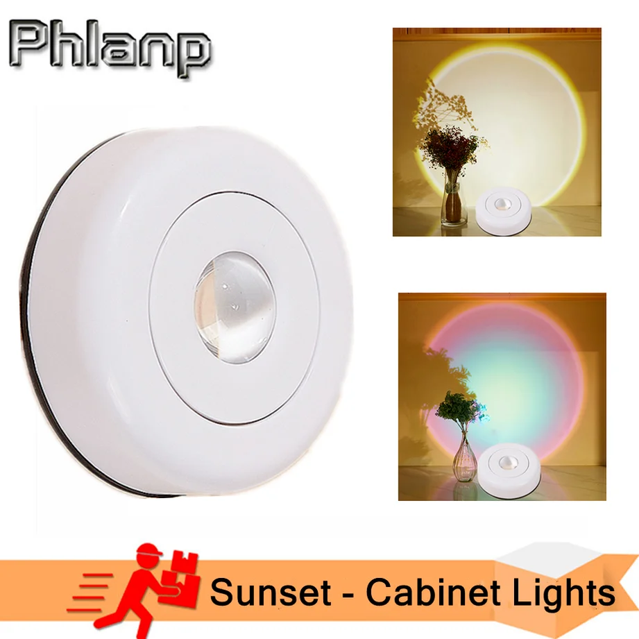 

Phlanp Battery Powered Touch LED Cabinet Lights Stick On Wall Sunset Lamp for Kitchen Bedroom Closet NightLight projection lamp