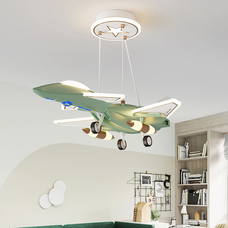 Creative 3D Airplane-Shaped led chandelier Iron Craft Ceiling Light for Boys' Children's Room Blue and Gold Cartoon Bedroom Lamp