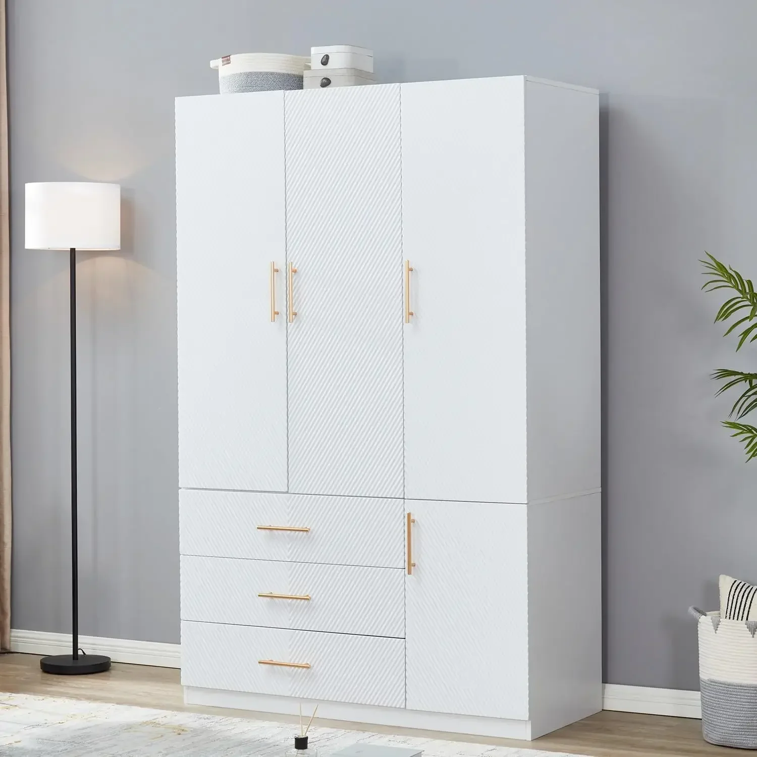 

74.2"H 3-Door 3-Drawer White Wood Wardrobe Armoire Closet Modern Freestanding Bedroom Armoire Organizer with Hanging Rod Shelves