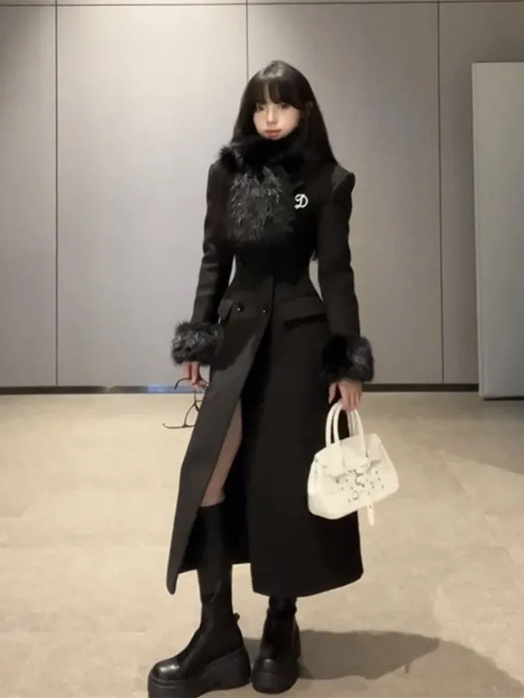 Ele longo casaco de lã para mulher com gola de pele fino ajuste coreano sle commute inverno outerwear na altura do joelho único botão