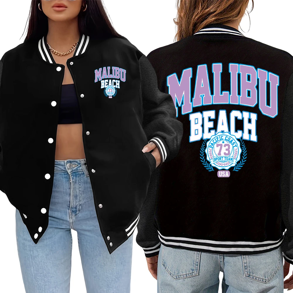

Женская куртка в стиле Харадзюку с пляжным принтом Malibu, осенние повседневные куртки, мягкие удобные топы, спортивная универсальная бейсбольная форма