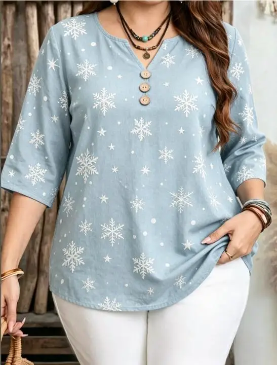 Winter Christmas Snowflake Reindeer Tree Print Plus Size Blouses Notch V Neck Wooden Buttons 3/4 Sleeve Soft  Loose Tops