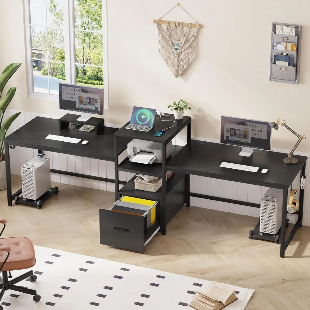 98" 2 Person Office Desk, Computer Desk with Letter/A4 File Drawer, Power Strip with USB, Long Desk for Home Office with
