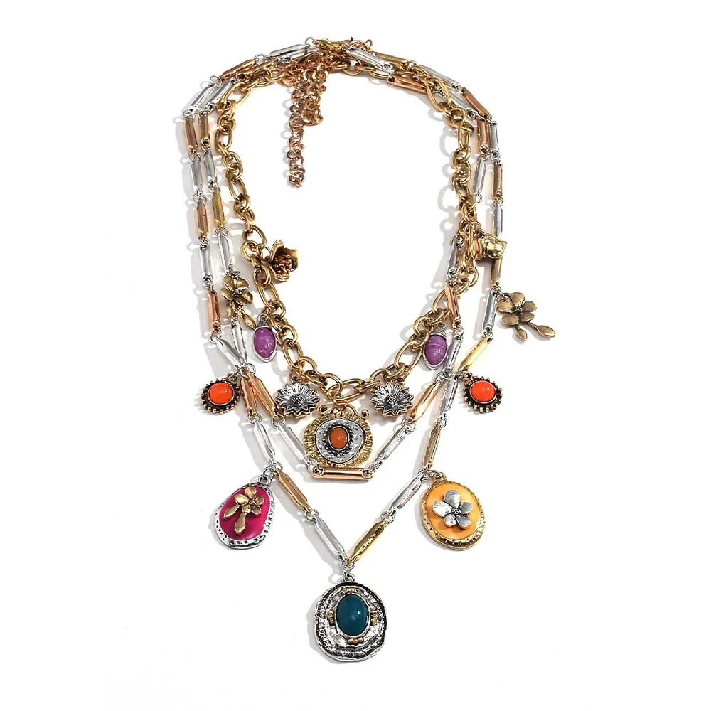Retro new personality trend multi-layer stacking wearing bohemian environmental protection alloy geometric drip pendant necklace