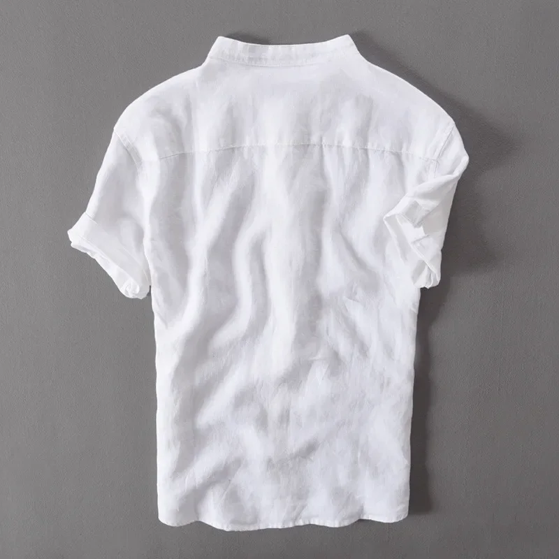 Summer Short Sleeve Shirts for Men Pure Linen Slim Thin Style Casual Solid White Tops Plus Size M-4XL Male Vintage Clothing