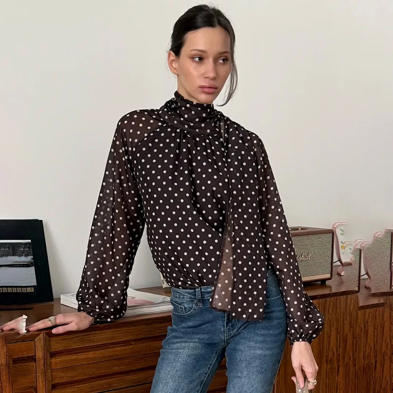 

Elegant Polka Dot Blouse Shirts Women 2026 Summer Sheer Chiffon Long Sleeve Shirts Bow Tie Work Tops Business Casual Blouse Tops