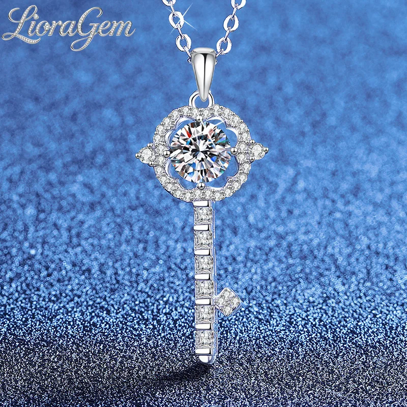 LioraGem Luxury Twilight Key Diamond-Set Pendant Necklace, 1-Carat Moissanite Collar Necklace Platinum PT950 Stamp