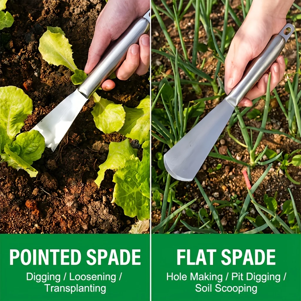 Stainless Steel Garden Hand Trowel Pointed Flat Head Heavy Duty Gardening Shovel Ergonomic Handle Hook Weeding Planting Soil Cul