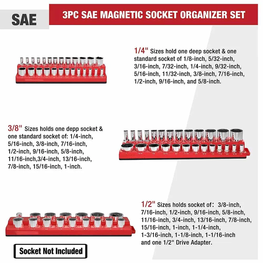 Profissional 3 peças suporte de soquete magnético 1/4 "3/8" 1/2 "polegadas unidade métrica/sae soquete organizador armazenamento kit ferramentas instalação