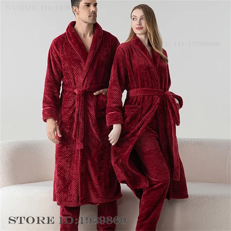 Autumn Winter Coral Fleece Female Sleepwear Thicken Flannel Couple Long Robe Pajamas Set Loungewear Casual Bathrobe Homewear