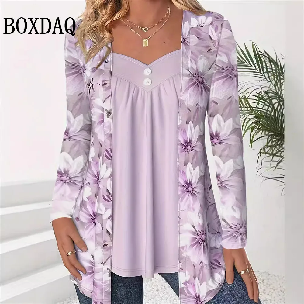 2024 Autumn Winter Long Sleeve Blouses Women Fashion Plus Size Elegant Patchwork Printed Fake Two Piece Shirts Casual Loose Tops